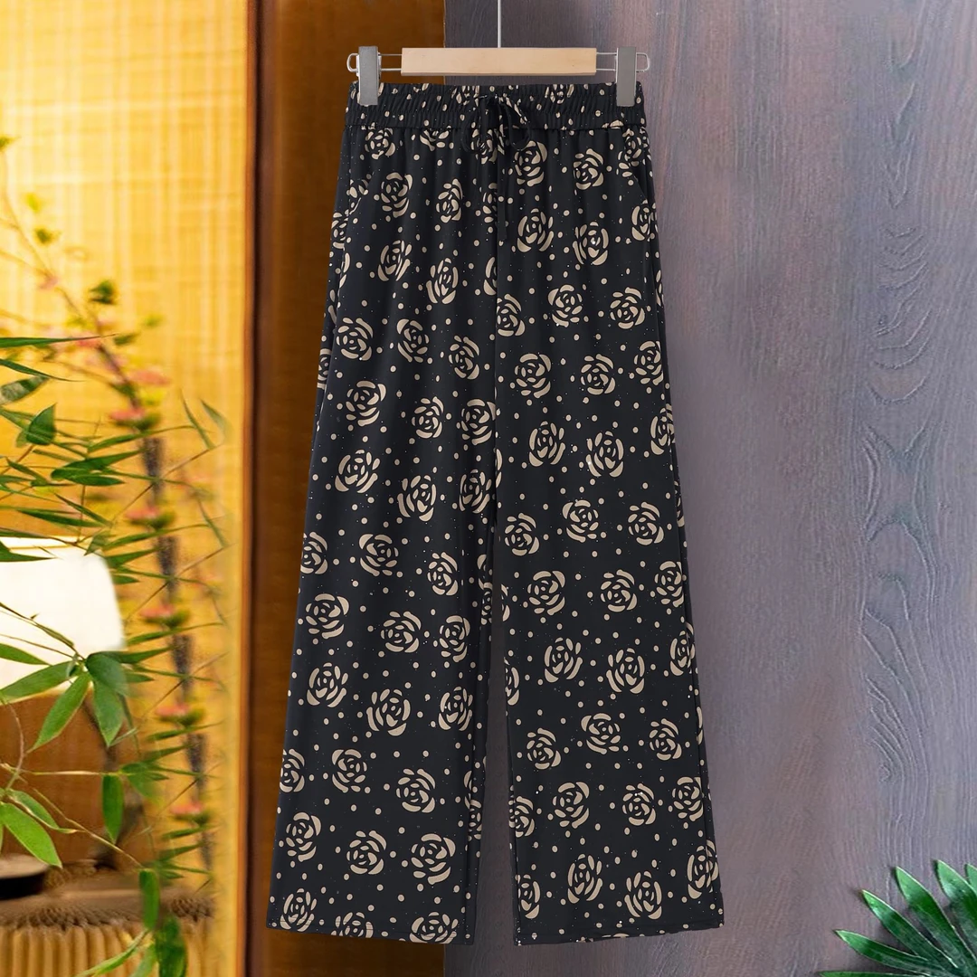 印花复古亮片薄款显瘦夏季阔腿裤松紧腰弹力休闲裤