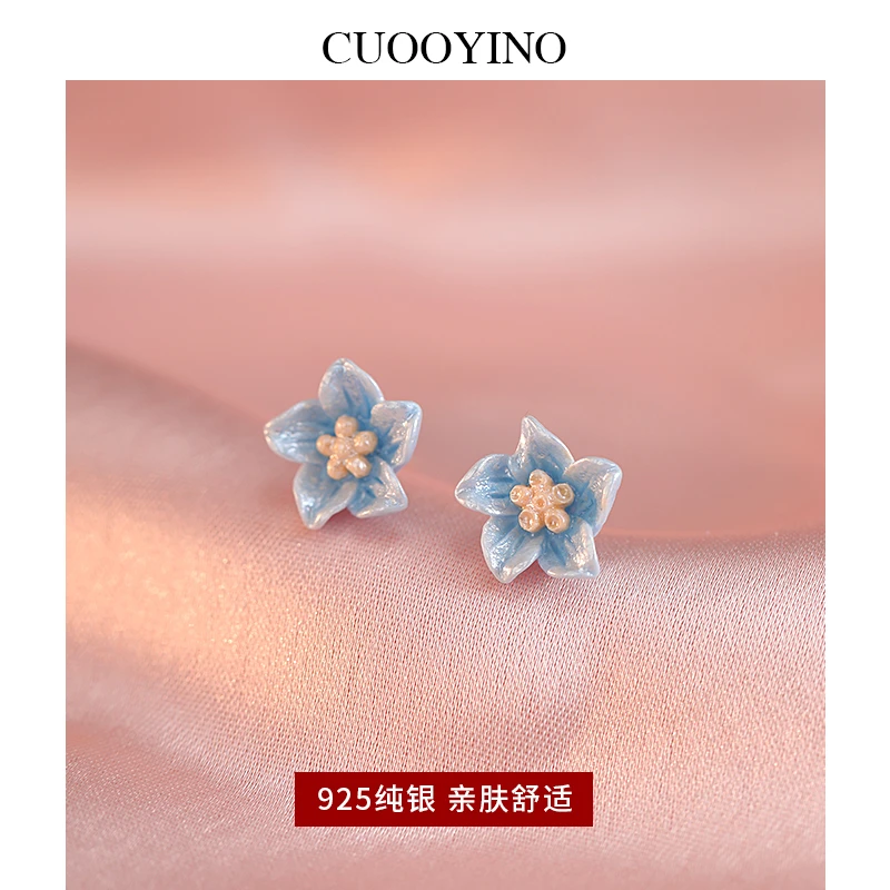 925银耳饰 蓝色山茶花耳钉精致设计感甜美耳饰女小巧气质夏季耳饰