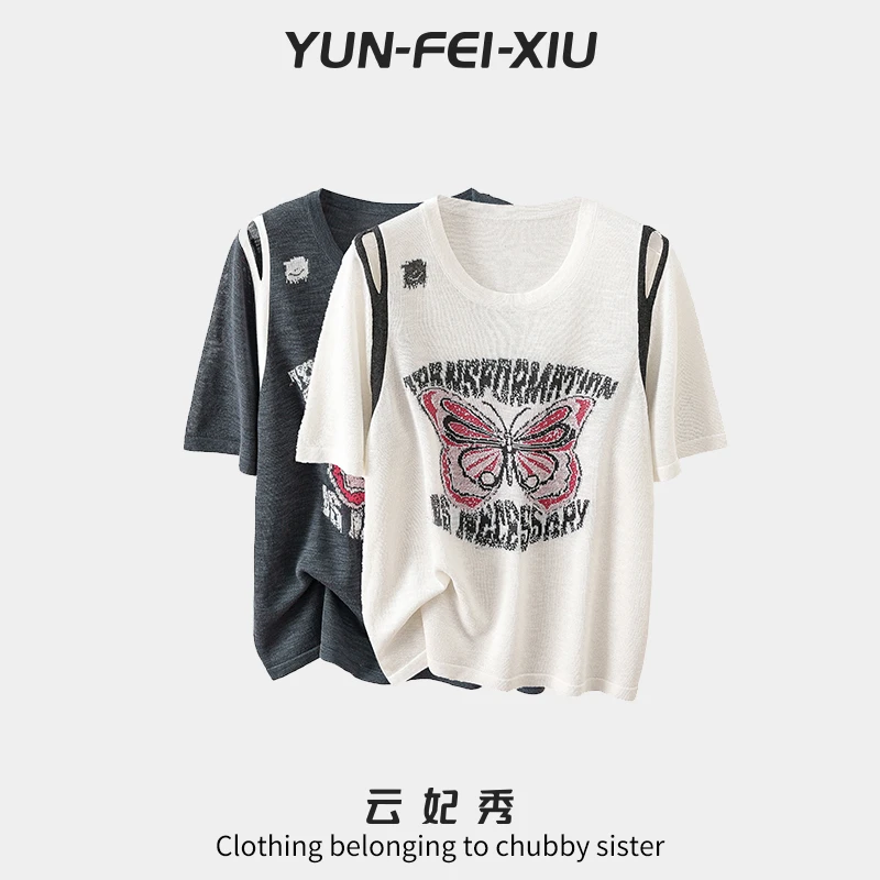 云妃秀大码女装T恤休闲胖妹妹气质减龄显瘦宽松圆领拼接夏季6616