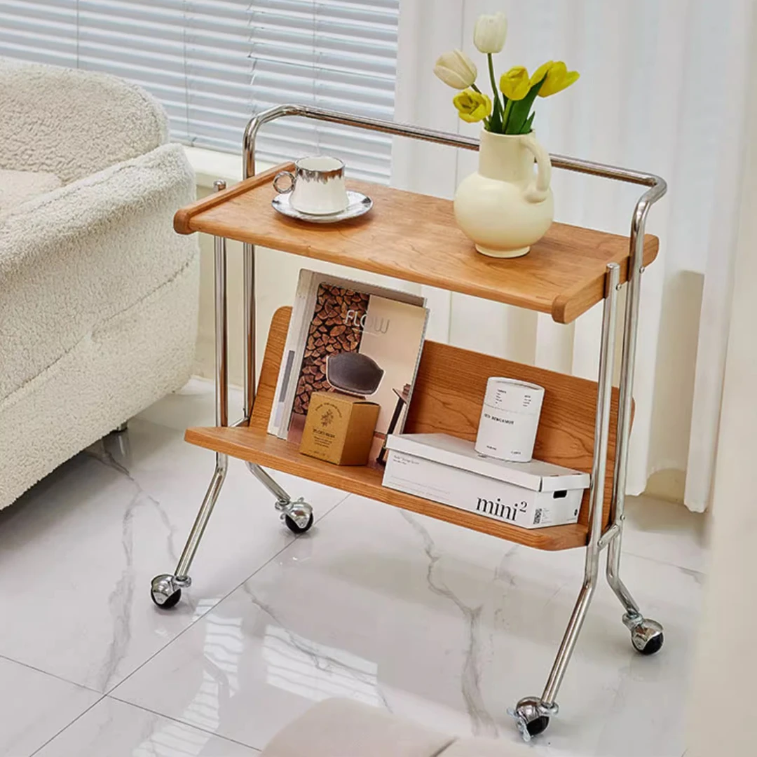北欧实木复古可移动小推车沙发边几客厅茶几杂志书架置物架