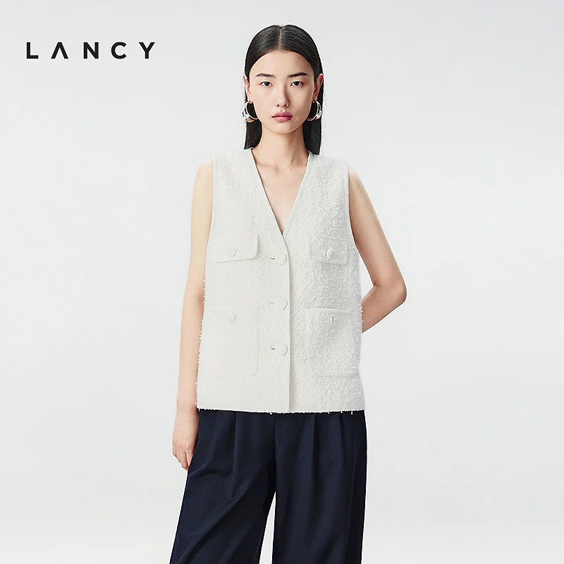【陆柯燃同款】LANCY/朗姿冬季米白色法式小香风粗花呢V领马甲女