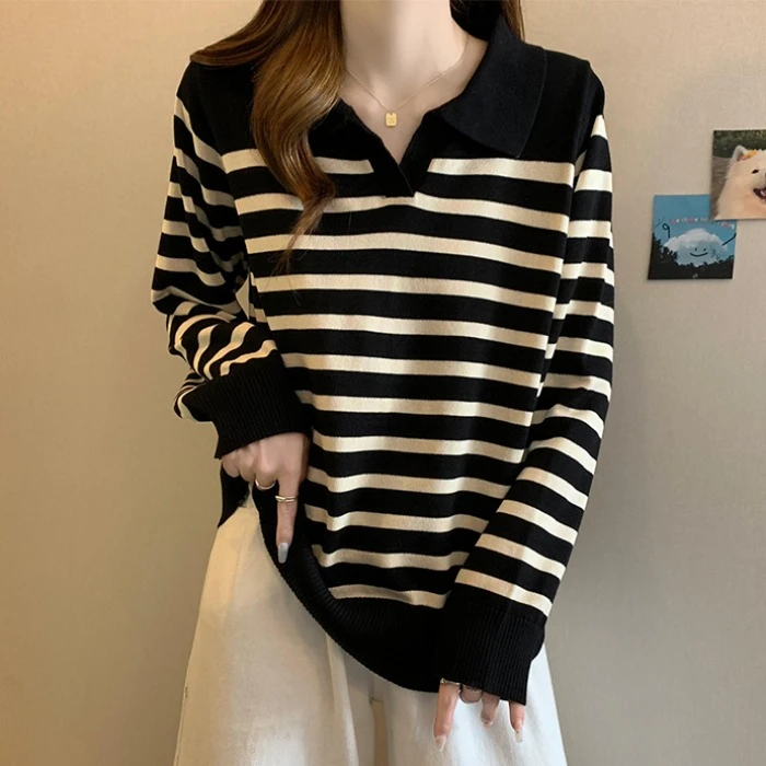 大码遮肚子POLO领条纹针织衫女春秋新款胖MM宽松显瘦百搭打底上衣