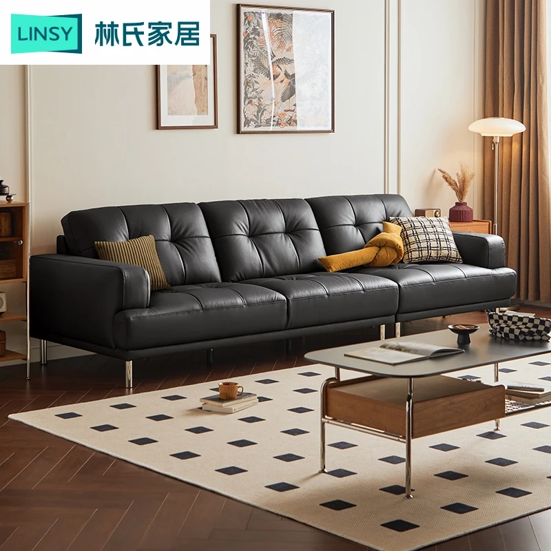 林氏家居美式复古黑色真皮沙发客厅2025新款直排小户型PS160