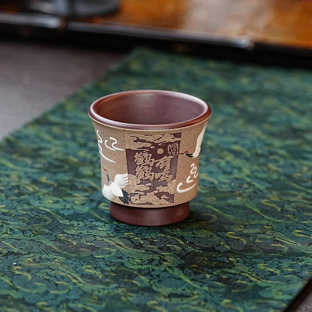 宜兴正宗紫砂紫泥粉浆青段仙鹤纯手工泥绘高档主人杯茶具鹤鹤有鸣