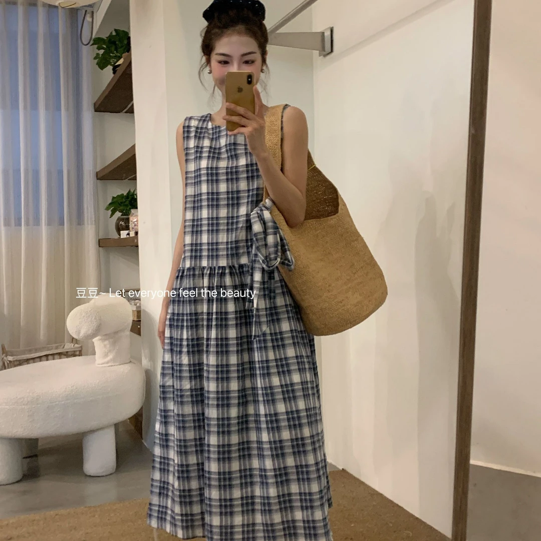 韩国chic无袖格子连衣裙女2025夏季穿搭法式复古绑带显瘦背心长裙