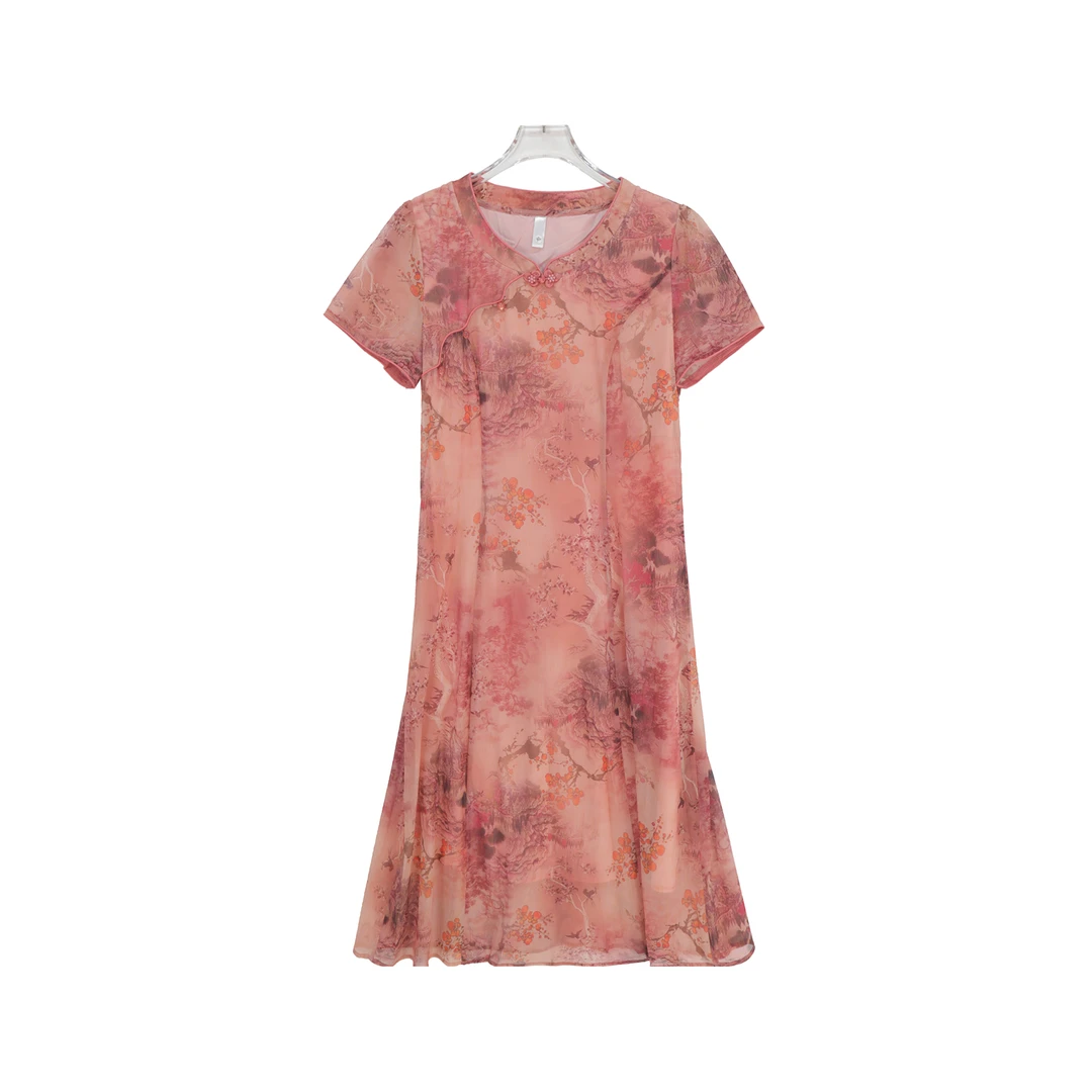 新中式国风印花盘扣圆领连衣裙S637