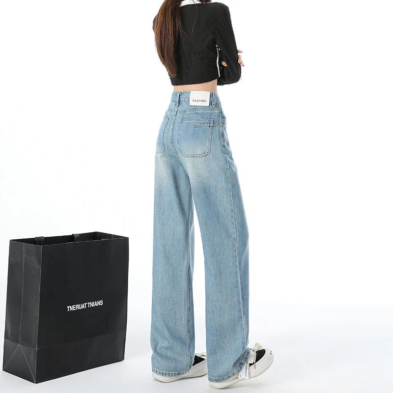 哥弟阿玛施正2025秋季新款丹宁蓝高腰宽松阔腿牛仔裤女显瘦直筒