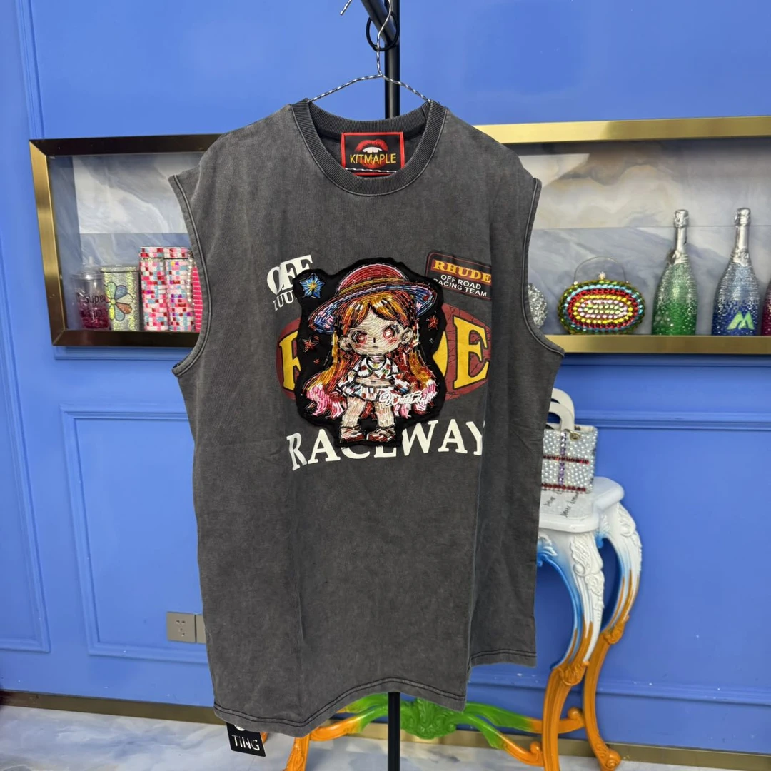 Z03-17 通勤背心运动休闲夏季宽松印花无袖时尚百搭黑色破洞背心