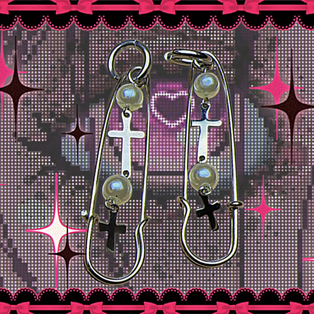 钛钢仿珍珠耳饰 韩版时尚钛钢不锈钢珍珠十字架个性新款耳环A0166