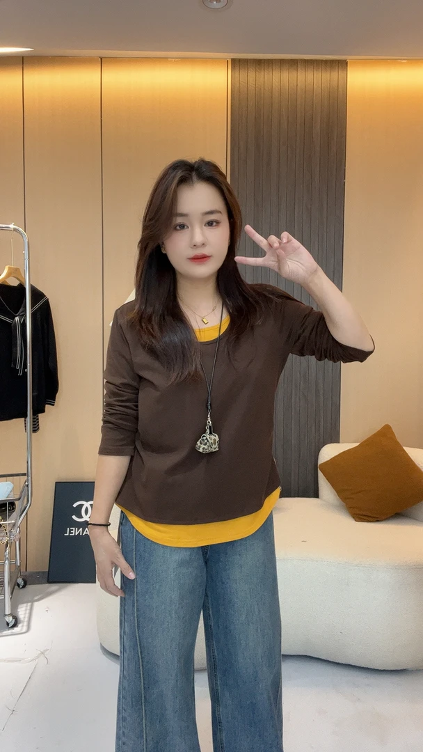36182#25秋装新款胖mm大码女撞色设计感假两件正肩长袖上衣
