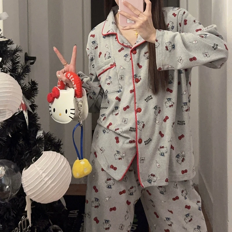 德绒睡衣女款秋冬季毛绒长袖加厚保暖加绒凯蒂猫可外穿家居服套装