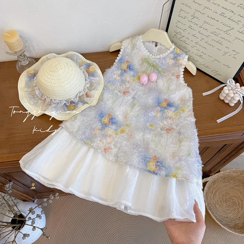 K245韩版时尚郁金香紫色连衣裙洋气百搭海边女宝连衣裙欧若风童装