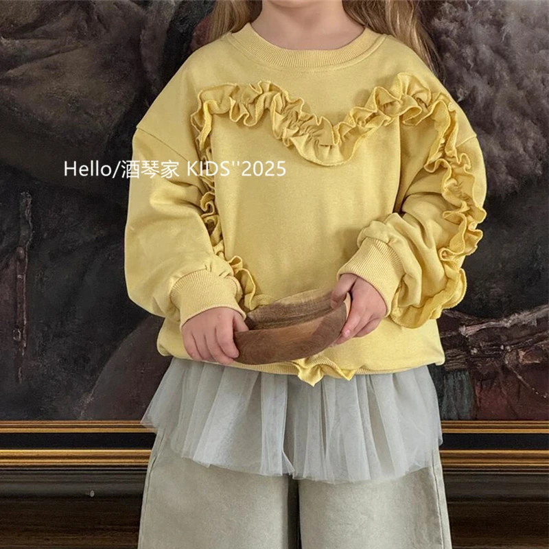 女童黄色圆领木耳边设计感上衣春季新品韩系女宝宝小众款卫衣洋气