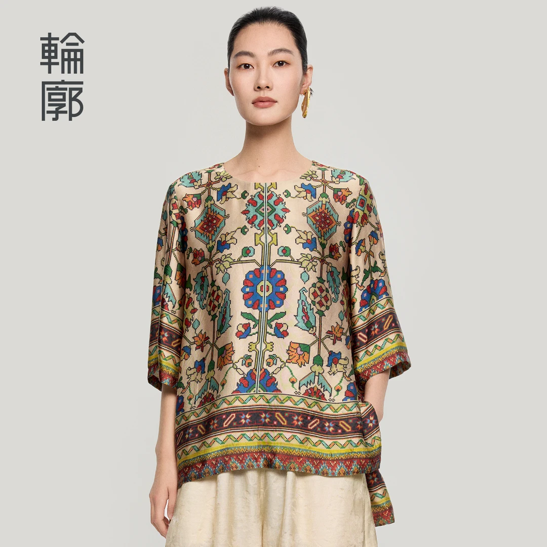 轮廓迷宫L252Y006印花短上衣中式圆领宽松正肩时尚肌理感衬衫夏女