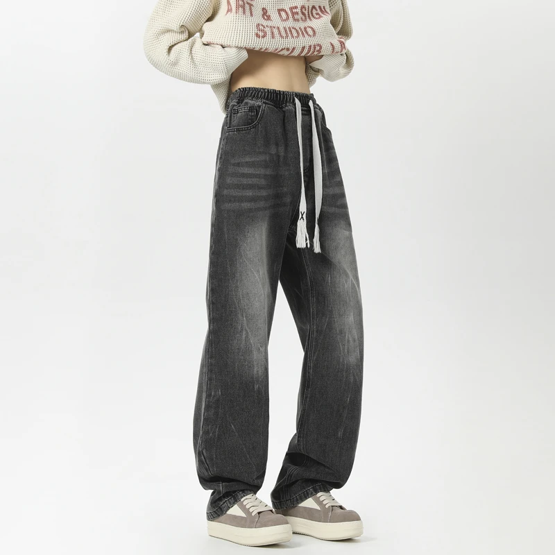 美式高街黑色抽绳高腰牛仔裤男秋冬水洗闪电纹阔腿裤子直筒微喇裤