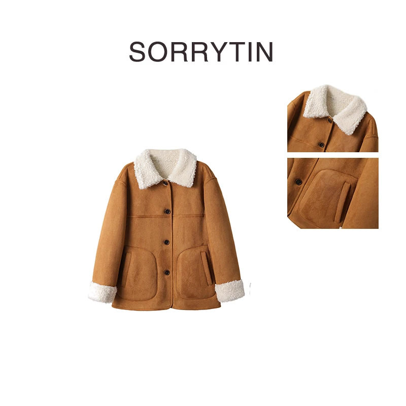 《北欧女郎》SORRYTIN两面穿颗粒羊羔绒撞色 H型显瘦麂皮绒厚外套