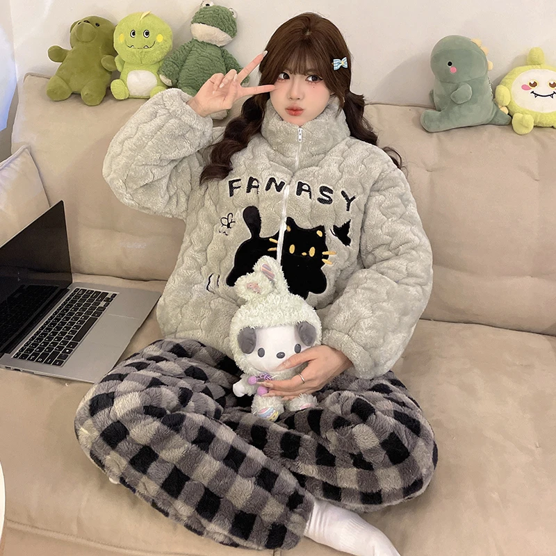 【小黑猫】冬季夹棉睡袍省服加绒加厚保暖睡衣女可爱学生家居服套装