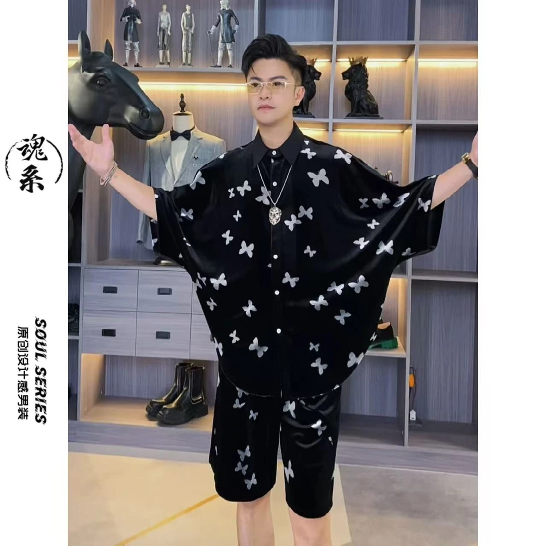 魂系男士夏季蝙蝠袖蝴蝶阔型休闲轻奢时尚潮流丝光衬衣短裤套装01
