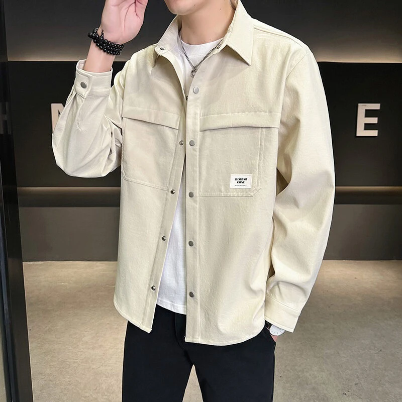 夏季翻领薄款简约纯色长袖衬衫四季通用帅气男装宽松衬衫上衣