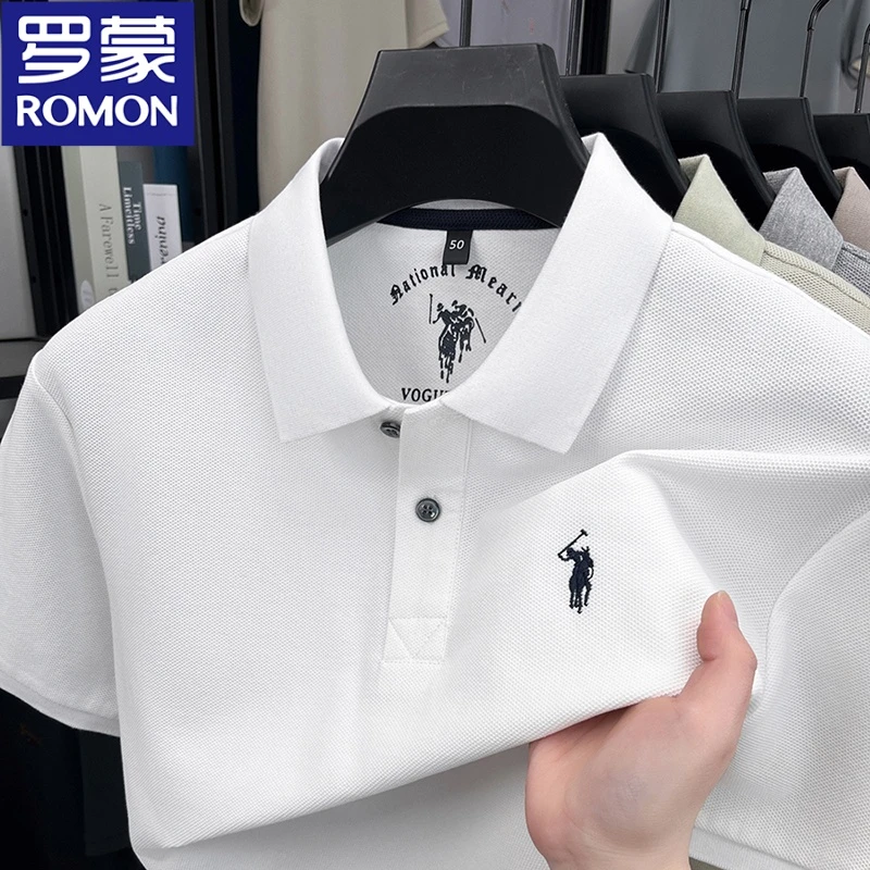 罗蒙小马标男士短袖翻领polo衫纯棉纯色翻领刺绣中年休闲T恤上衣