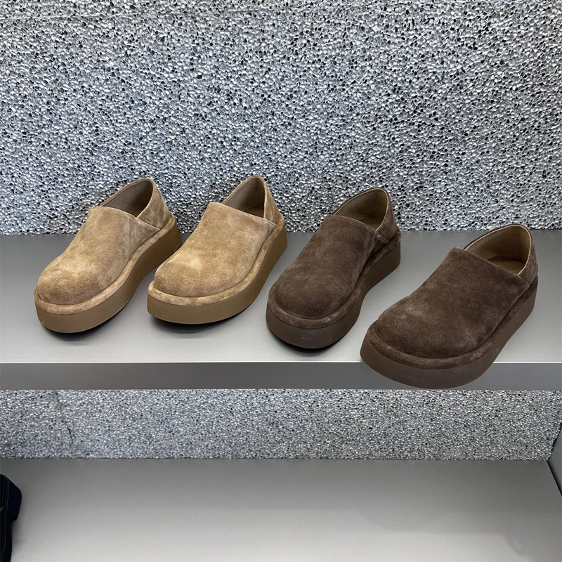 欧洲站女鞋2025秋新款磨砂皮圆头勃肯鞋轻便厚底踩脚一脚蹬乐福鞋