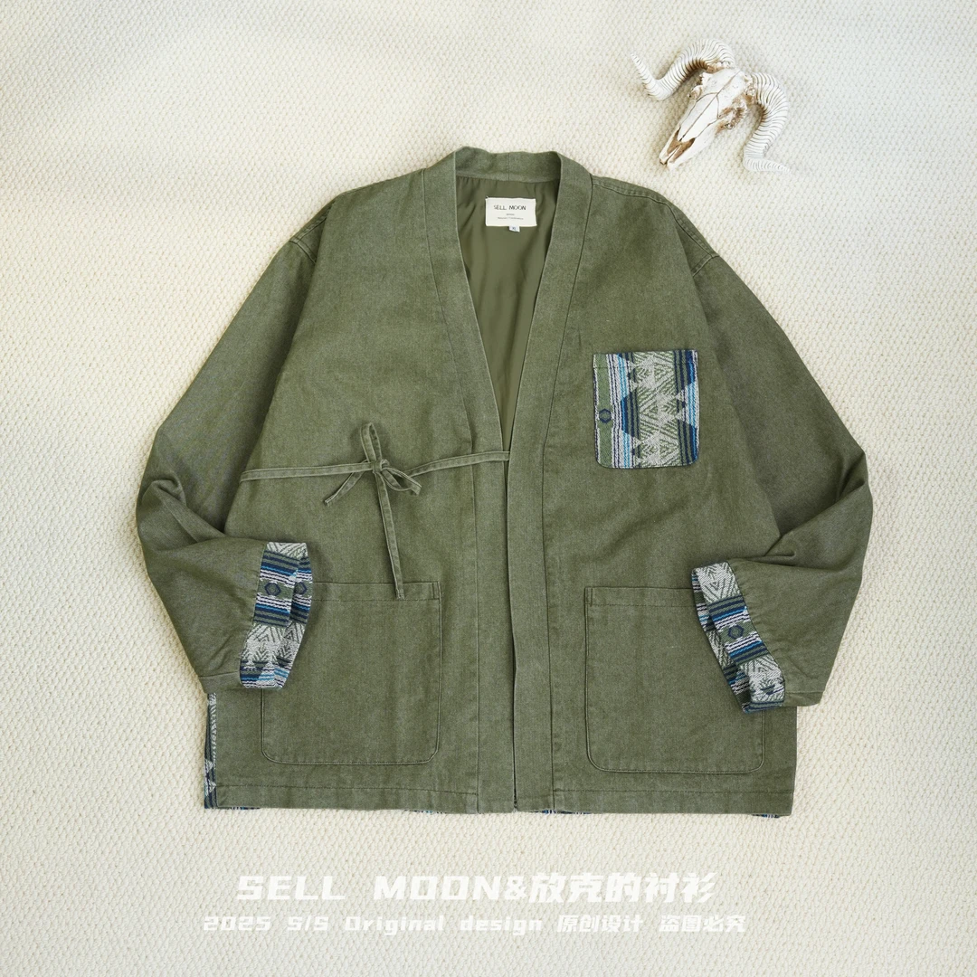 SELL MOON小众设计复古拼接印花宽松休闲道袍长袖外套男女同款