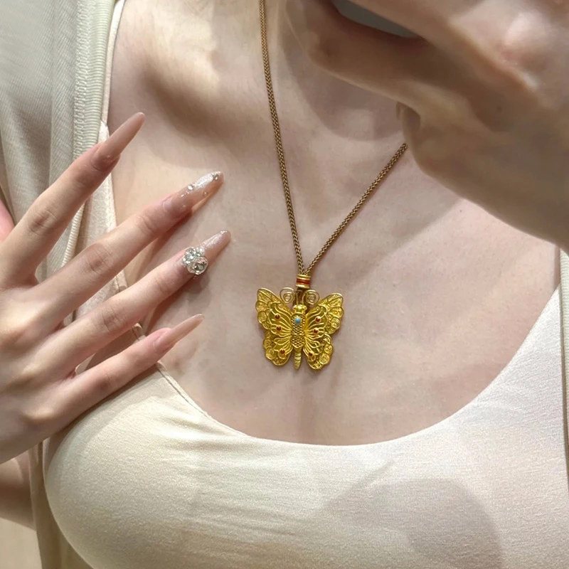 铜合金项链 新中式珐琅彩花蝴蝶项链女手工编绳衣服配饰轻奢百搭