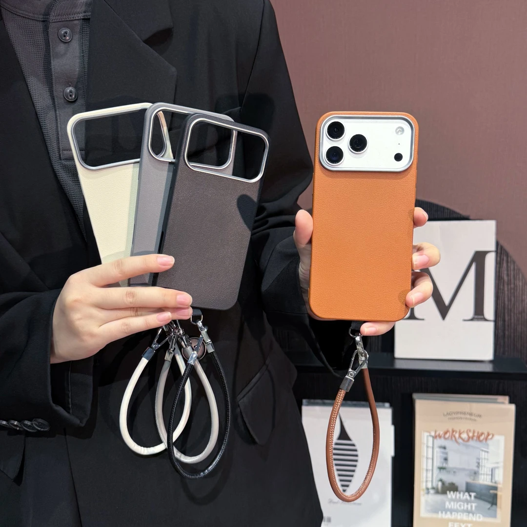 ins风纯色手机壳皮绳适用苹果17promax大孔16/15可拆镜头框秋冬14