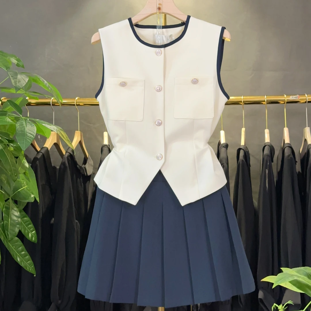 A569 撞色小香风马甲百褶短裙套装女2025夏季高级感减龄两件套