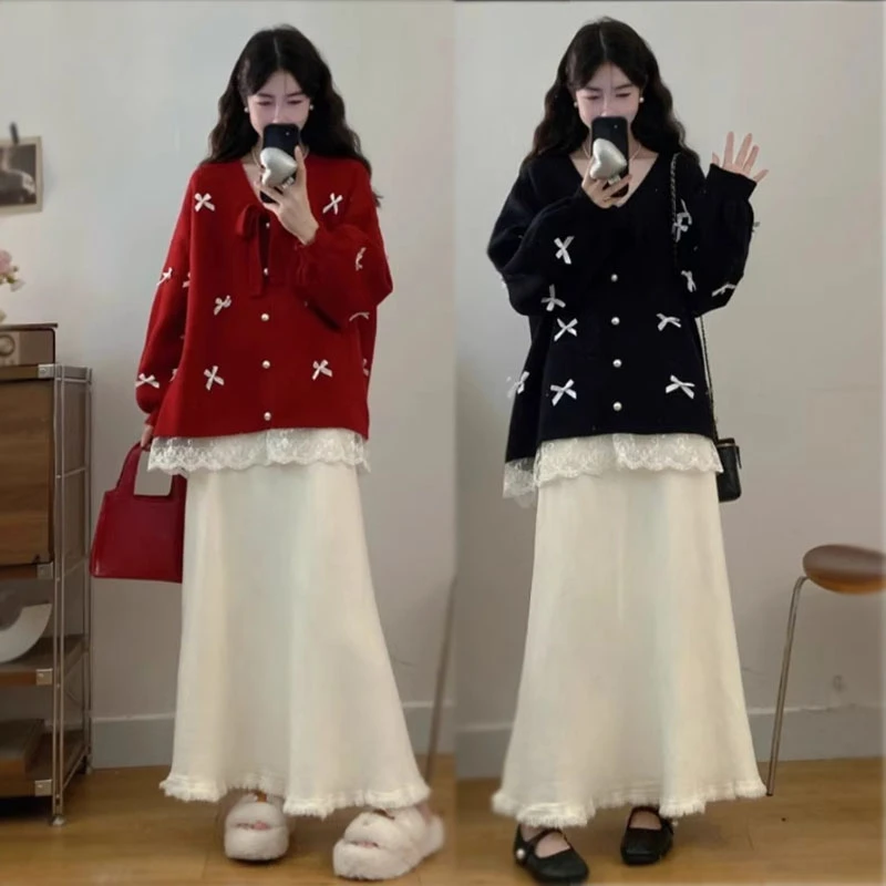 2025秋冬甜美风穿搭一整套女蝴蝶结假两件针织开衫显瘦半身裙套装