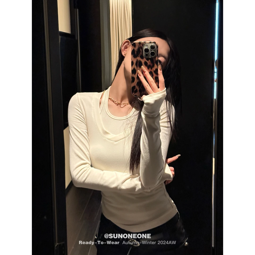 SUNONEONE 长袖内搭打底T恤女春季修身显瘦挂脖吊带两件套H0652C