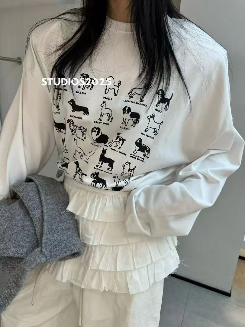 2588#【東Room】2025春季新款趣味动物印花宽松休闲长袖T恤女