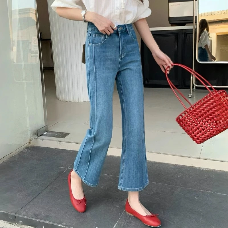 春季新款线条感九分微喇裤大码梨形身材高腰显瘦弹力小个子喇叭裤