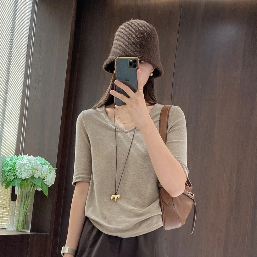 IMFLY金小金自制女装 T恤DYW9613韩版简约V领短袖T恤慵懒风上衣