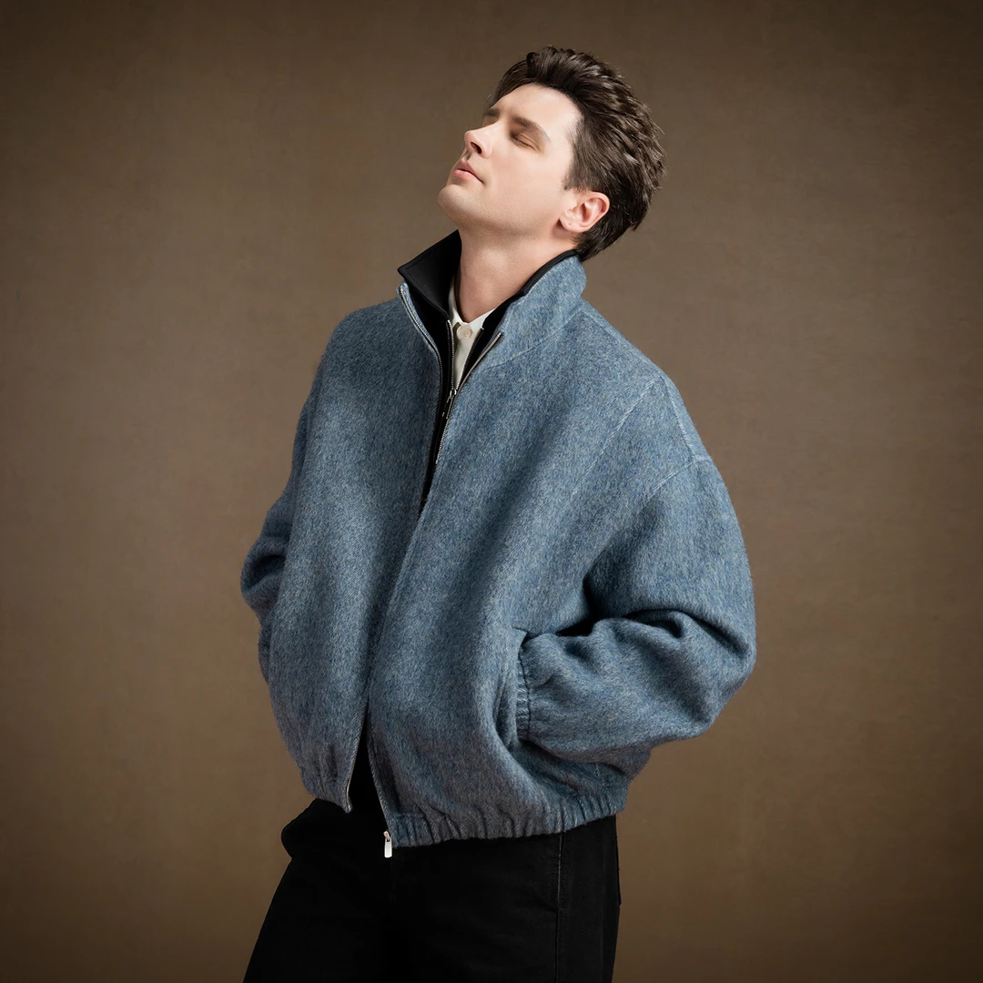 言吉高端男装休闲毛呢夹克秋冬新款时尚立领双面羊毛大衣YJG907