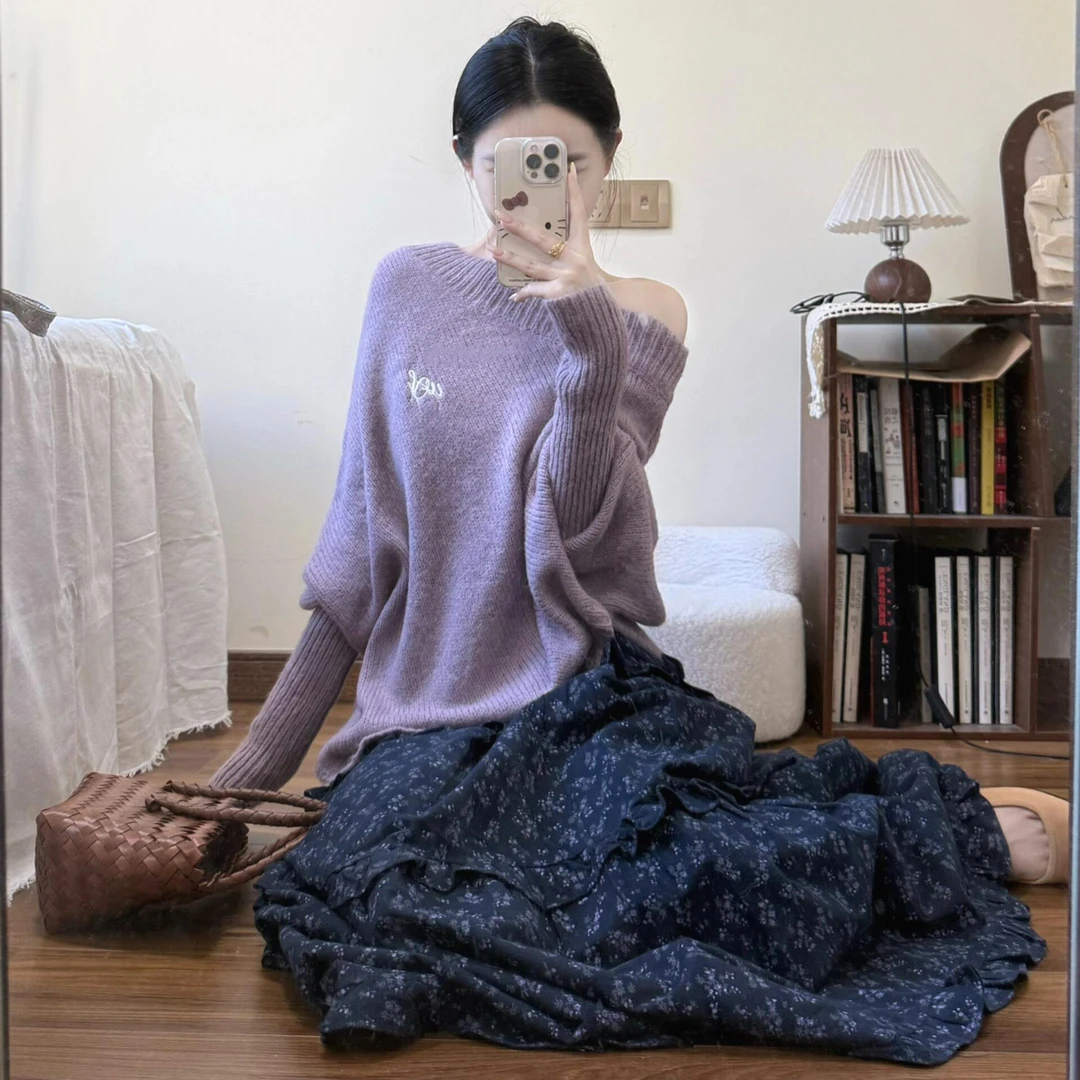 优质版 WESTEYOONNE斜肩毛衣上衣女宽松慵懒+碎花半身长裙小个子