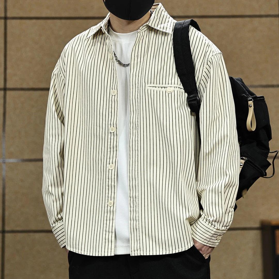 美式复古条纹衬衫男春秋季新款休闲衬衣服潮流百搭高级感大码外套