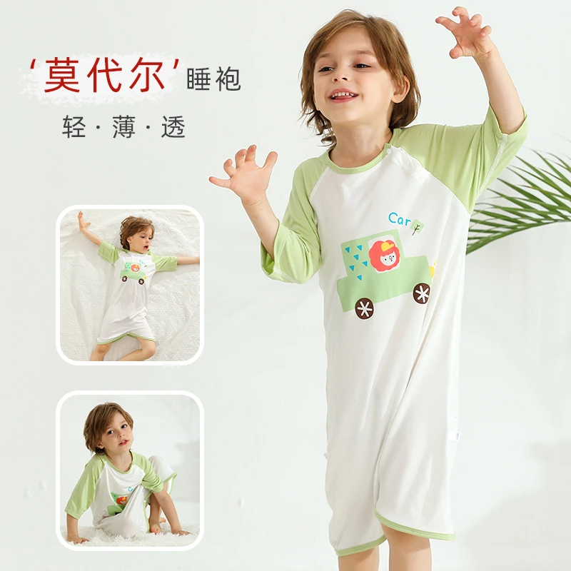 2024儿童睡袍莫代尔夏季宝宝短袖睡衣空调服睡裙连体衣防着凉薄款