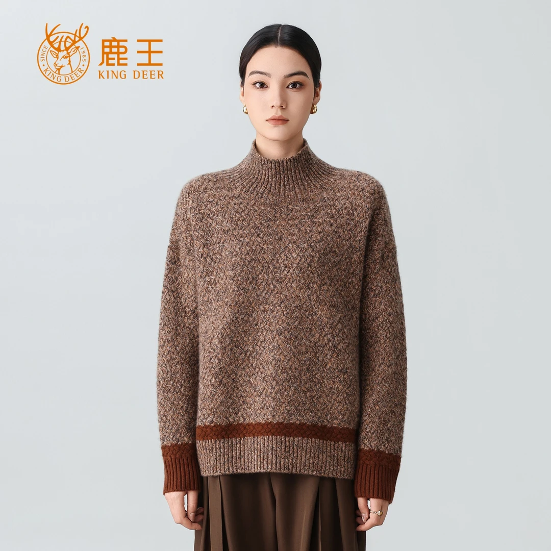 鹿王25秋冬新款女半高领100山羊绒重工花纱中长套衫加厚 CT5548