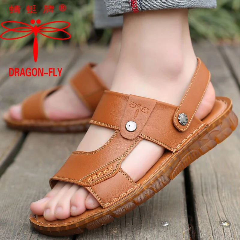 【头层牛皮】蜻蜓牌凉鞋男夏季真皮透气休闲沙滩鞋牛筋软底耐磨防滑