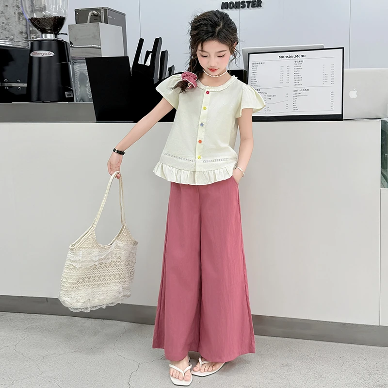 女童夏季套装2025新款儿童洋气韩版中大儿童短袖衬衫阔腿裤两件套