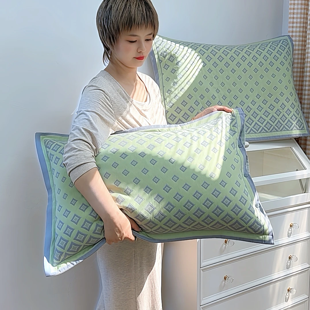 春夏小清新绿色满园简约枕套高端宿舍家用加厚柔软纯棉纱布一对装