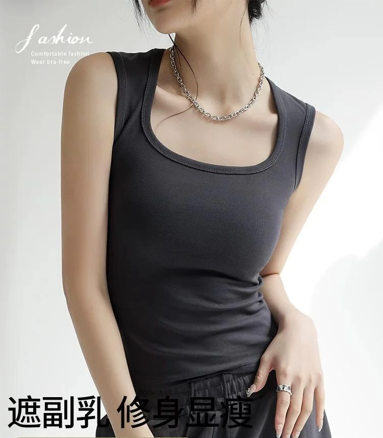 方领工字吊带背心女夏外穿内搭宽肩带美式中长款无袖遮副乳上衣