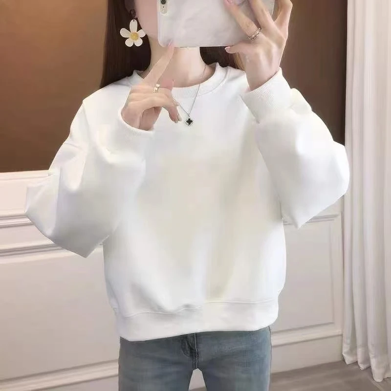 （纯色--春秋款）纯棉落肩短款慵懒风卫衣女