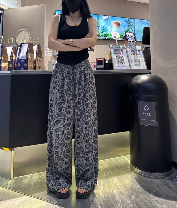 休闲高腰腰果提花阔腿裤女2025夏慵懒薄款显瘦垂感直筒长裤