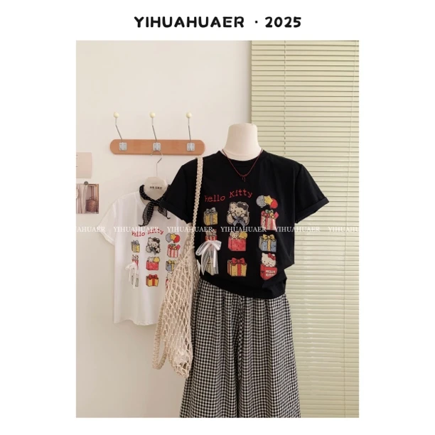 【kt猫礼物】东大门韩系夏款立体蝴蝶结卡通圆领无感印花T恤3152