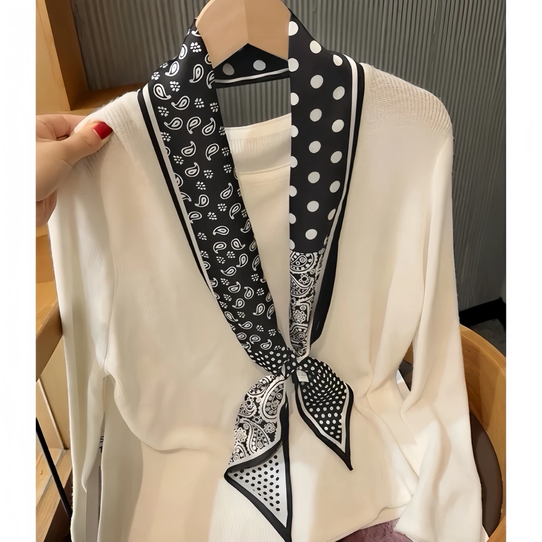 黑白腰果波点新款高级感长条形丝巾飘带女春秋季搭配衬衫领巾围巾