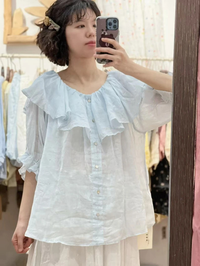 欣益家推荐夏季新款荷叶领苎麻衬衫—611（宽松不贴身，微透）
