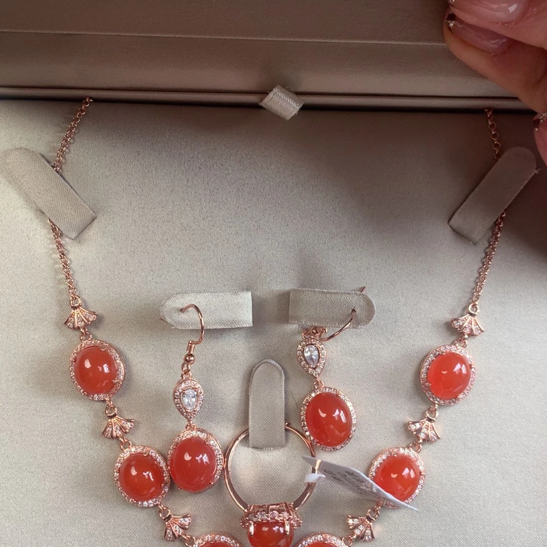 南红玛瑙三件套未镶嵌原矿南红项链戒指耳钉三件套