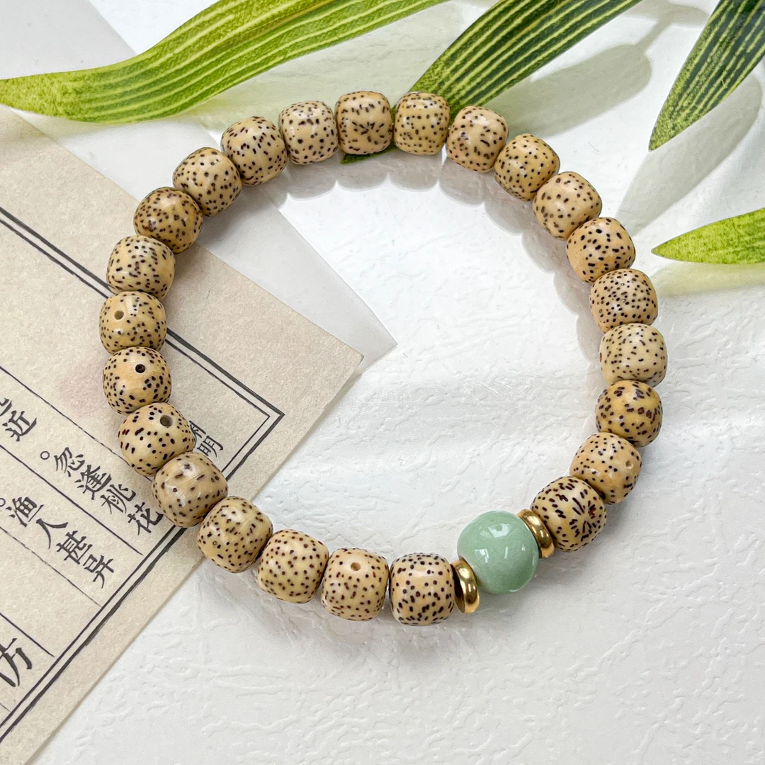 星月老型桶黄金籽豆沙绿陶瓷款手串9*8mm     A-Z162065
